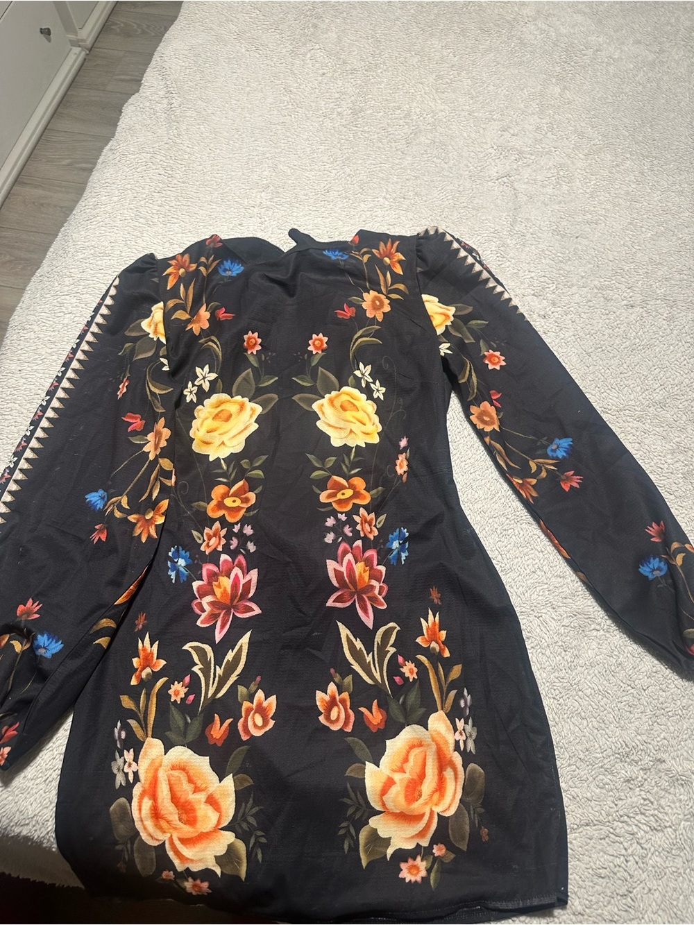 Black Long-Sleeve Floral Mini Dress with Yellow Rose Accents